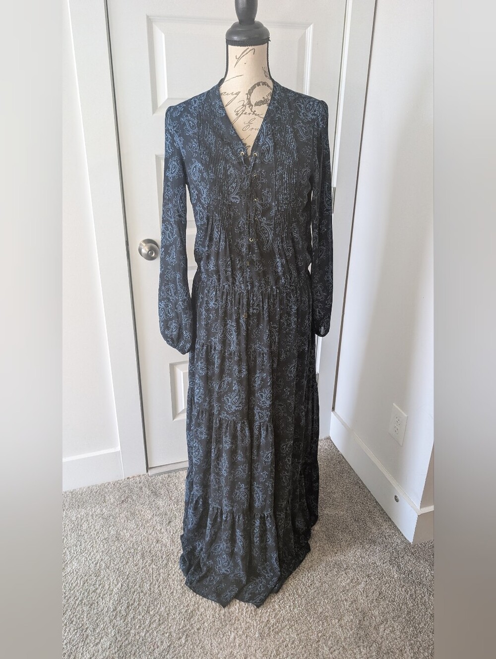 Michael Kors Bohemian Long Sleeve Paisley Maxi Dress -Blue Size S